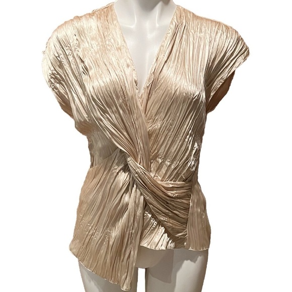 NWT Zara Champagne Asymmetrical Cap Sleeve V Neck Crinkle Blouse Top Pullover M - Picture 2 of 8